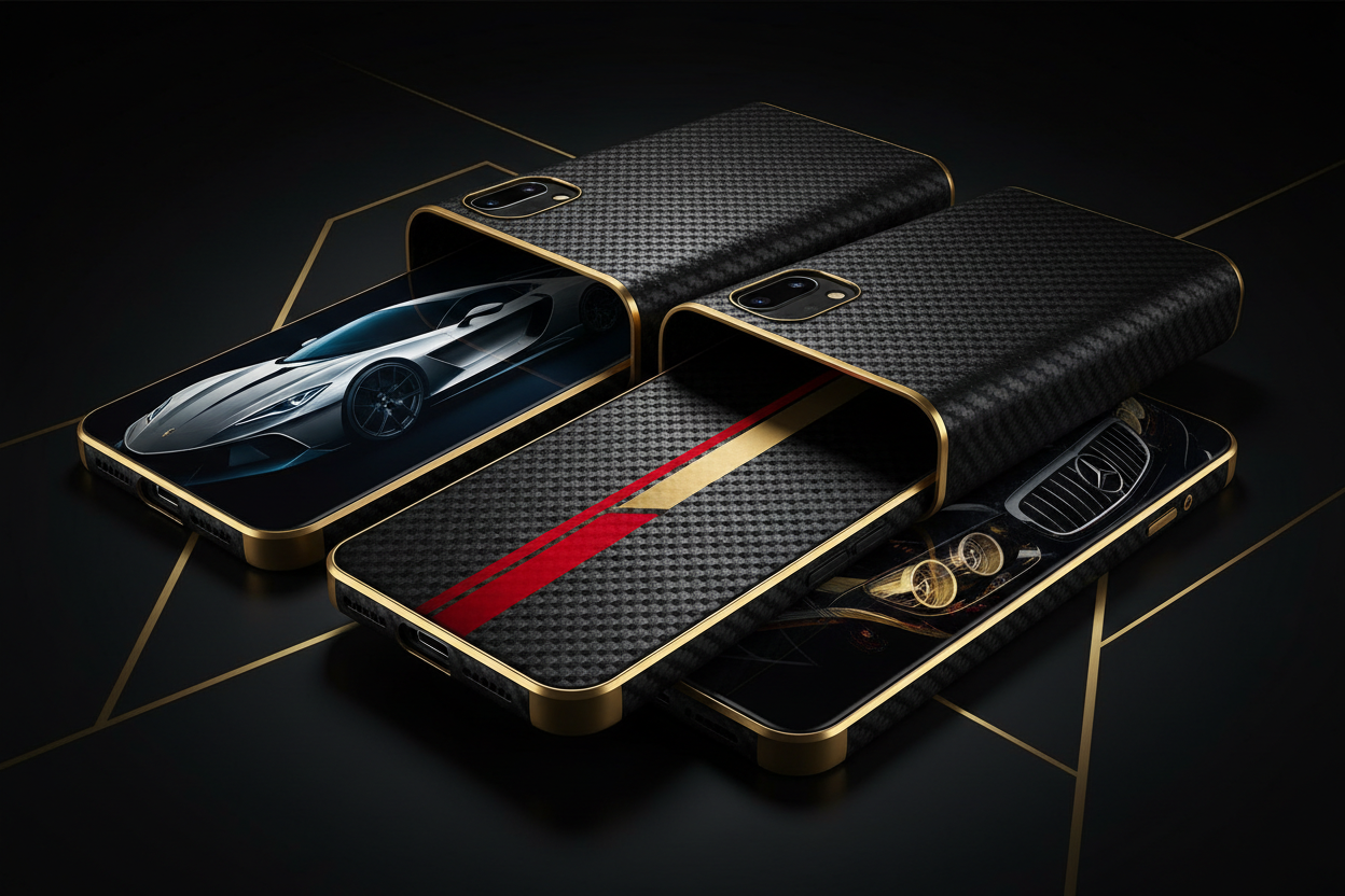 cria uma imagem  de capa com qualidade ultra, com capas de celular, com estampas de carro embutidas, e uma capa como as dos veiculos, mas em cima dos celulares, semi aberta a mostrar as imagens, quero cores e tons de luxo, de fundo preto e tons dourados 