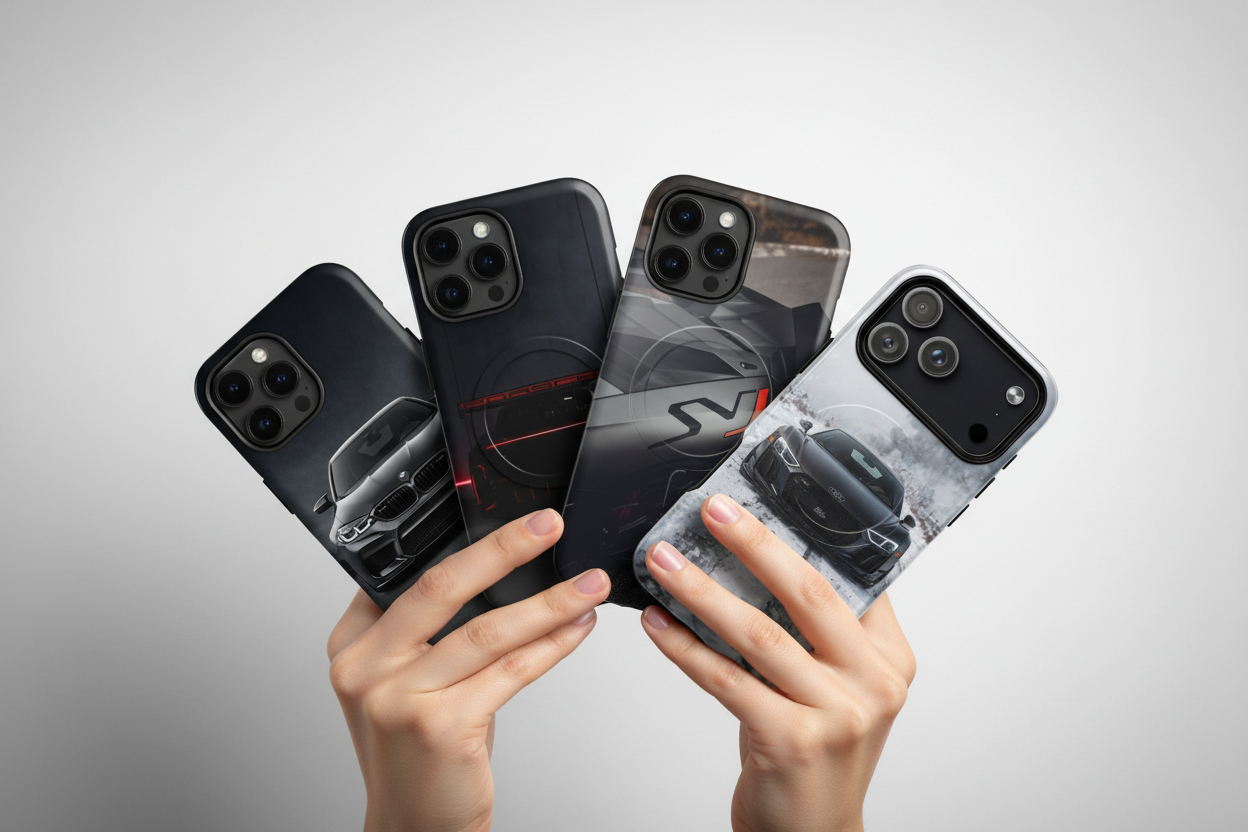 iPhone 15 Pro Max com capas BMW M5CS, Porsche 911 GT3, Lamborghini SVJ e Audi R8
